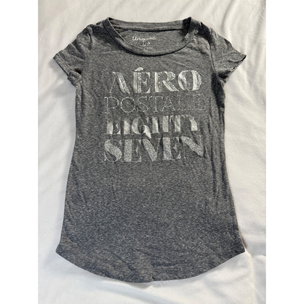 Aeropostale Womens Gray Graphic Tee Silver Glitter Rhinestone Eighty Seven Small